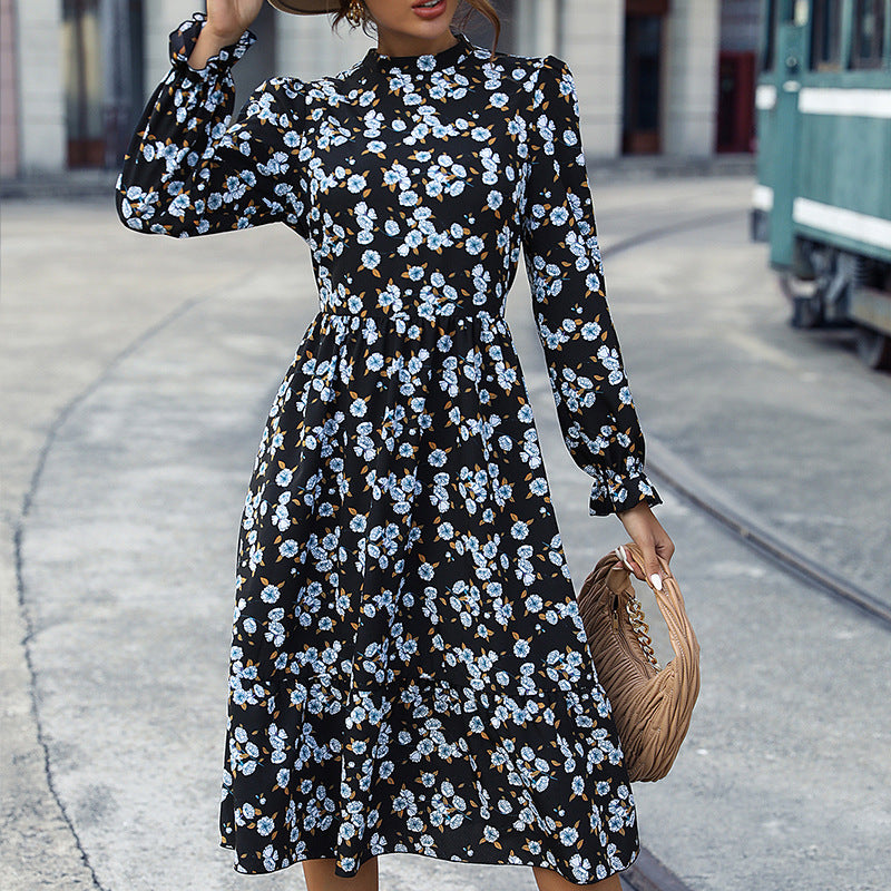 Vestido floral de mujer Vestido elegante de manga larga con cuello redondo para mujer