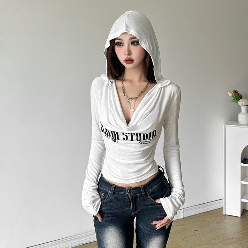 Women Clothing Fall Sexy Hooded Pile Collar Printed Slim Top for Women