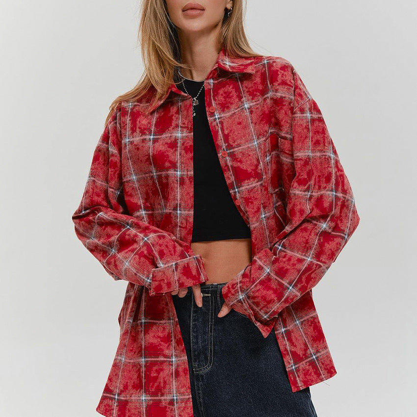 Retro Classic Cotton Red Plaid Shirt Summer Street Distressed Cardigan Collared Blouse for Commuting Women