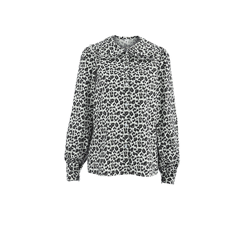 Camisa de mujer de manga larga con cuello y estampado de leopardo de algodón sexy Top de primavera y verano