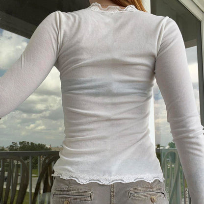 Camiseta sexy de manga larga con cuello en U y costura de encaje simple, suéter básico ajustado con cintura recortada y corto a juego