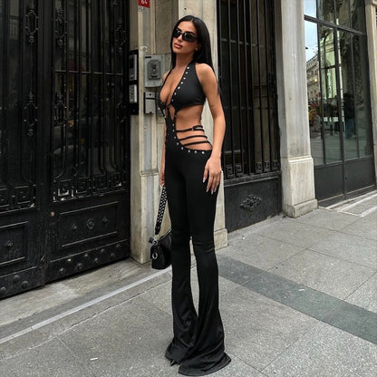 Popular Summer Sleeveless Lace up Backless Slightly Flared Wide Leg Jumpsuit for Women