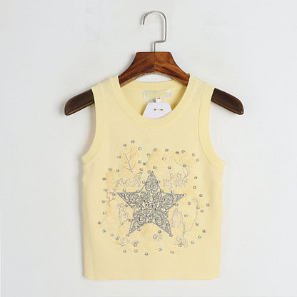 Round Neck Knitted Vest Early Summer Retro Five Pointed Star Rhinestone Embroidered Slim Outer Wear Women Top