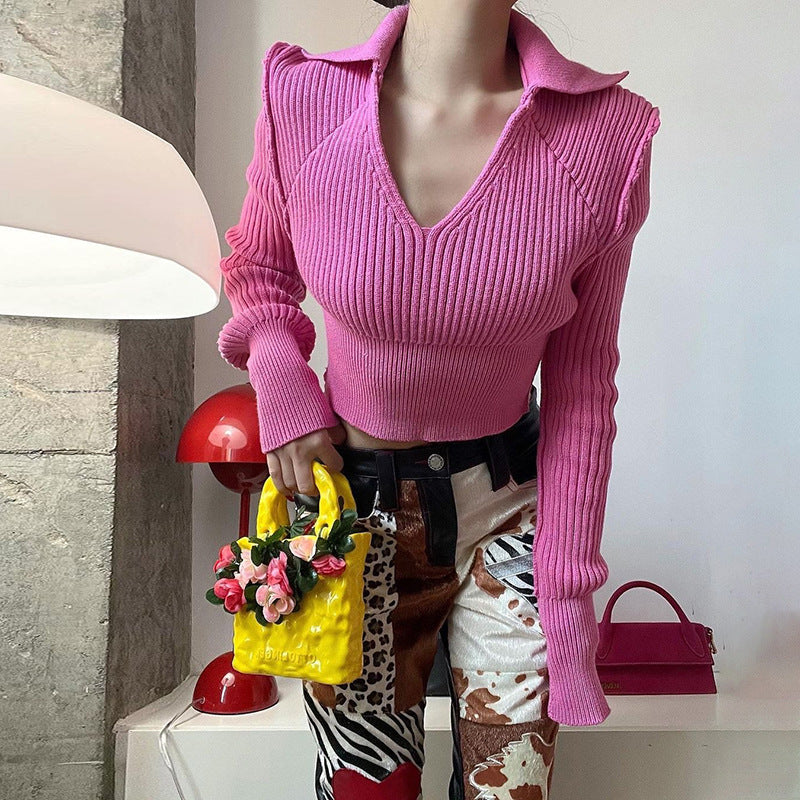 Top de punto recortado ajustado de Color sólido con cuello Polo de manga larga para mujer de tendencia de invierno