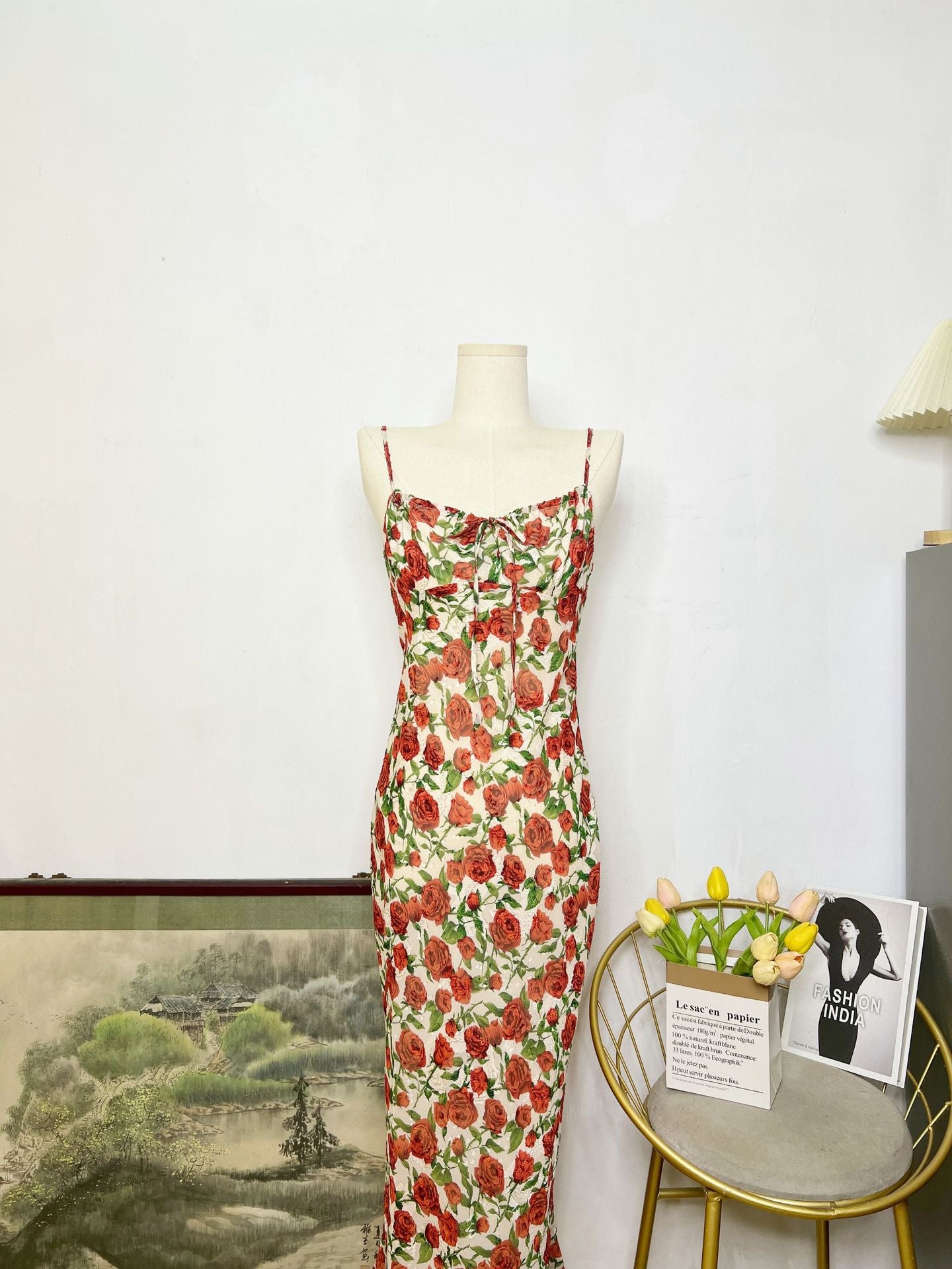 Retro Rose Floral Strap Dress Women Fishtail French Seaside Vacation Dress