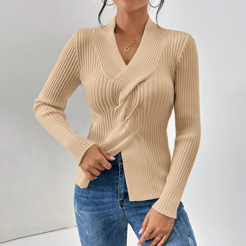 Women Clothing Knitwear Thread Slit Hemline at Hem Long Sleeve Solid Color Slim Fit Sweater Women