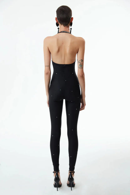 Sexy Sling Hollow Out Cutout High Waist Slim Rhinestone Jumpsuit