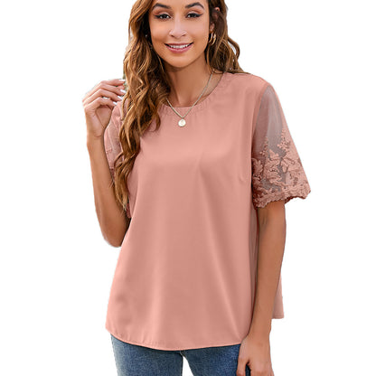 Damenbekleidung Rundhals-Spitzenhemd Chiffonbluse Damentop