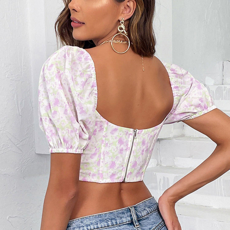 Sexy Top Summer Printed Chiffon Boning Corset Chest Cup Steel Ring Women T Shirt