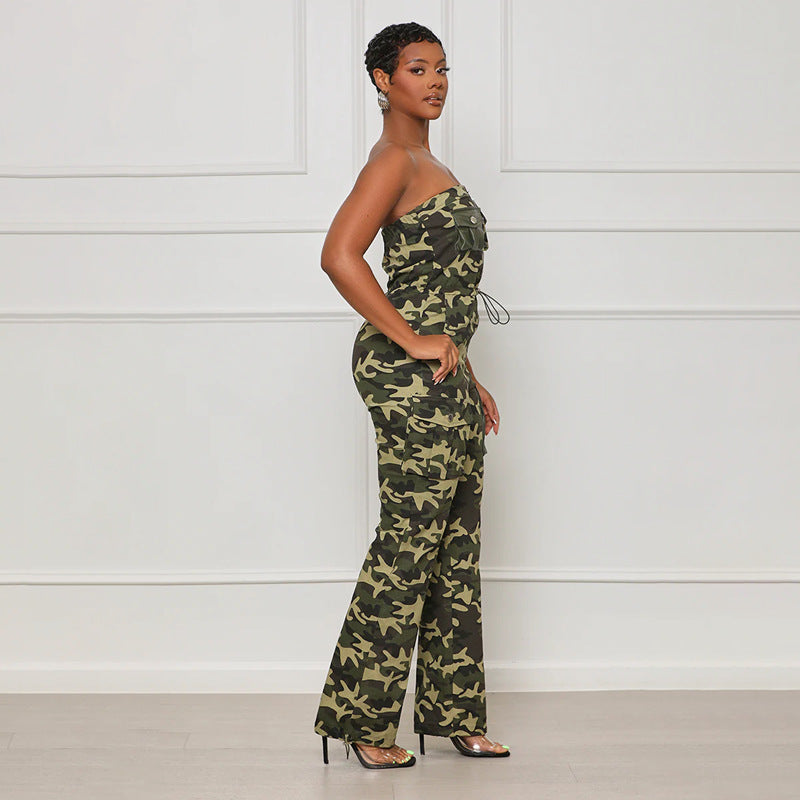 Women Sexy Nightclub Off Shoulder Tube Top Elastic Waist Zipper Camouflage Jumpsuit