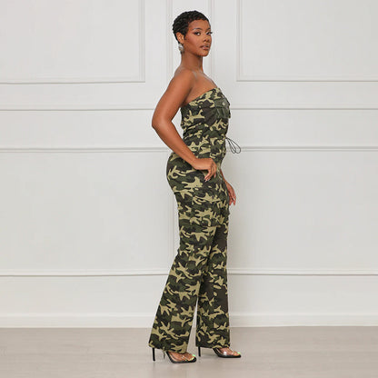 Damen Jumpsuit, sexy, Nachtclub, schulterfrei, Tube-Top, elastische Taille, Reißverschluss, Camouflage-Overall