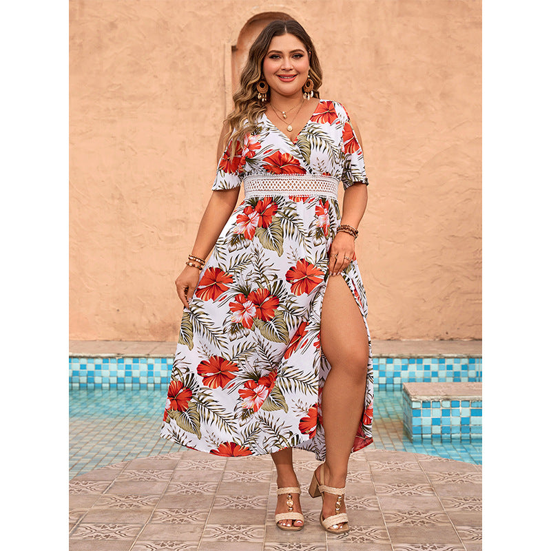 Ropa de mujer Popular de talla grande, vestido estampado con hombros descubiertos, vestido de playa con cuello en V, manga corta, mono holgado con vuelo grande