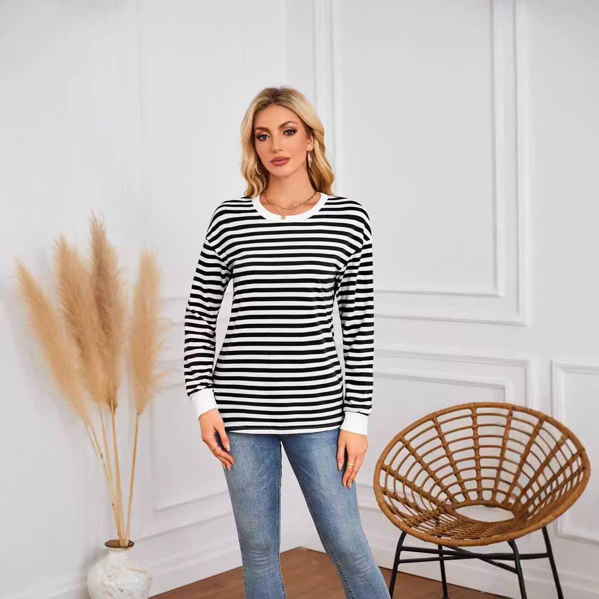 Women Clothing Striped Pattern round Neck Long Sleeve Casual Sweatshirt Top for Women