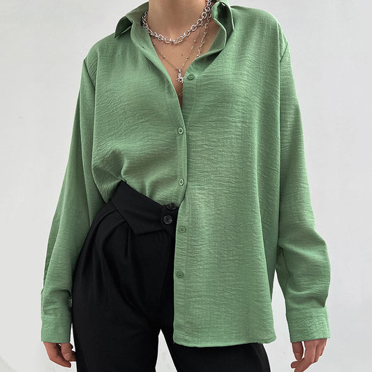 Camisa de mujer de manga larga informal de alta calidad con cuello de un solo pecho y color verde aguacate de primavera