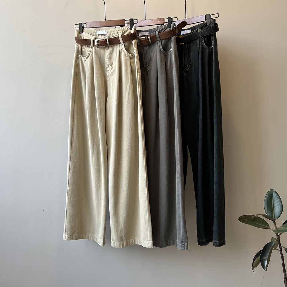 Pantalones vaqueros de pierna ancha de cintura alta de terciopelo fino para mujer pantalones de fregona sueltos casuales retro de primavera