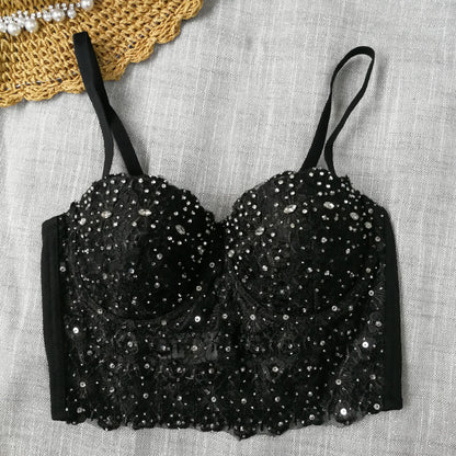 Camisola de encaje, Top Sexy con cuentas de diamantes ligeros, corto, Sexy, para danza del vientre, ajustado, Top de tubo moldeador de cuerpo, ropa interior gratis