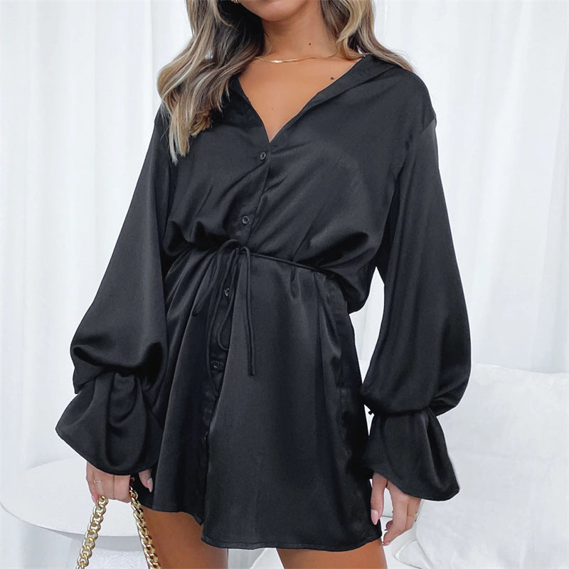 Sexy Elegant Satin Flared Long Sleeve Lace up Loose Dress