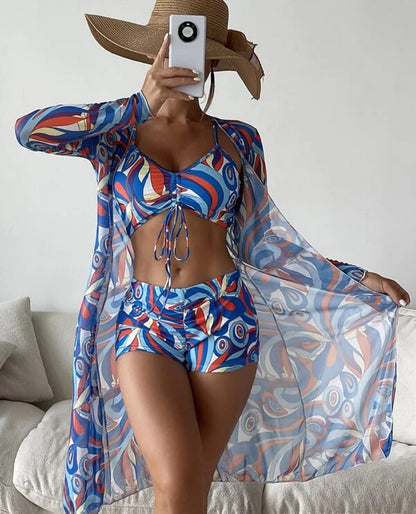 Swimsuit Women Split Three Piece Suit High Waist Long Sleeves Blouse Internet Celebrity Drawstring Suit