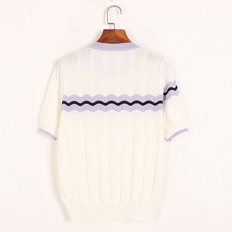 Wave Color Matching Short Sleeve T shirt Thin Summer College Ice Silk Crocheted Pointelle Color Striped Sweater