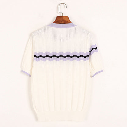 Wave Color Matching Short Sleeve T shirt Thin Summer College Ice Silk Crocheted Pointelle Color Striped Sweater