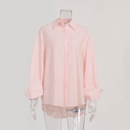 Striped Shirt Autumn Winter Casual Loose Sugar Macaron Color Mid Length Striped Shirt