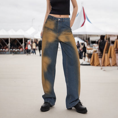 Vaqueros lavados de color en contraste con diseño de costura de moda de nicho fresco de verano para mujer