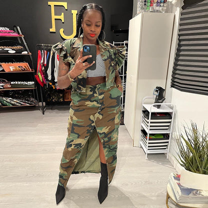 Damenbekleidung Frühling Sommer Personalisierter Camouflage-Wasch-Taschen-Reißverschluss-Split-Rock für Damen