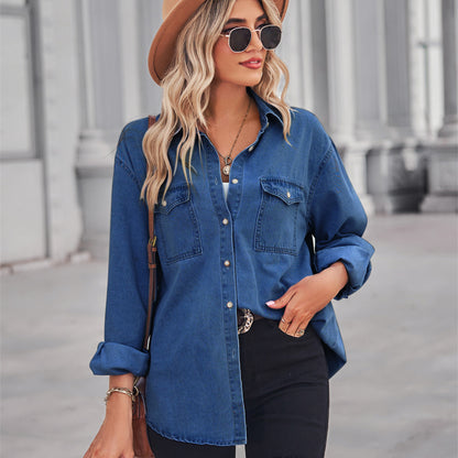 Light Color Figure Flattering Thin Denim Long-Sleeved Shirt Women