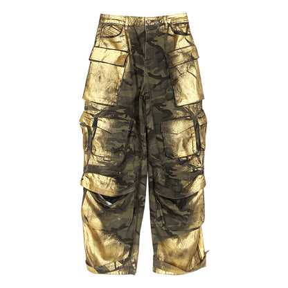 Special Interest Design Gilding Retro Multi Bag Camouflage Pants Women Autumn Loose Straight Cargo Pants