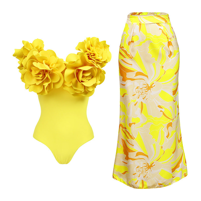 Traje de baño de Color sólido, traje de baño amarillo de una pieza, conjunto de falda Floral tridimensional para mujer, traje de baño