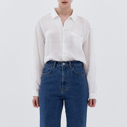 Office Pure Linen Long-Sleeved Shirt Summer Contrast Color Women Small Organ Pleated Single Breasted Collared Shirt