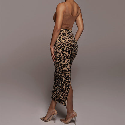 Autumn Winter High Waist Leopard-Print Skirt Sexy Tight Fold Split Mid Length Skirt