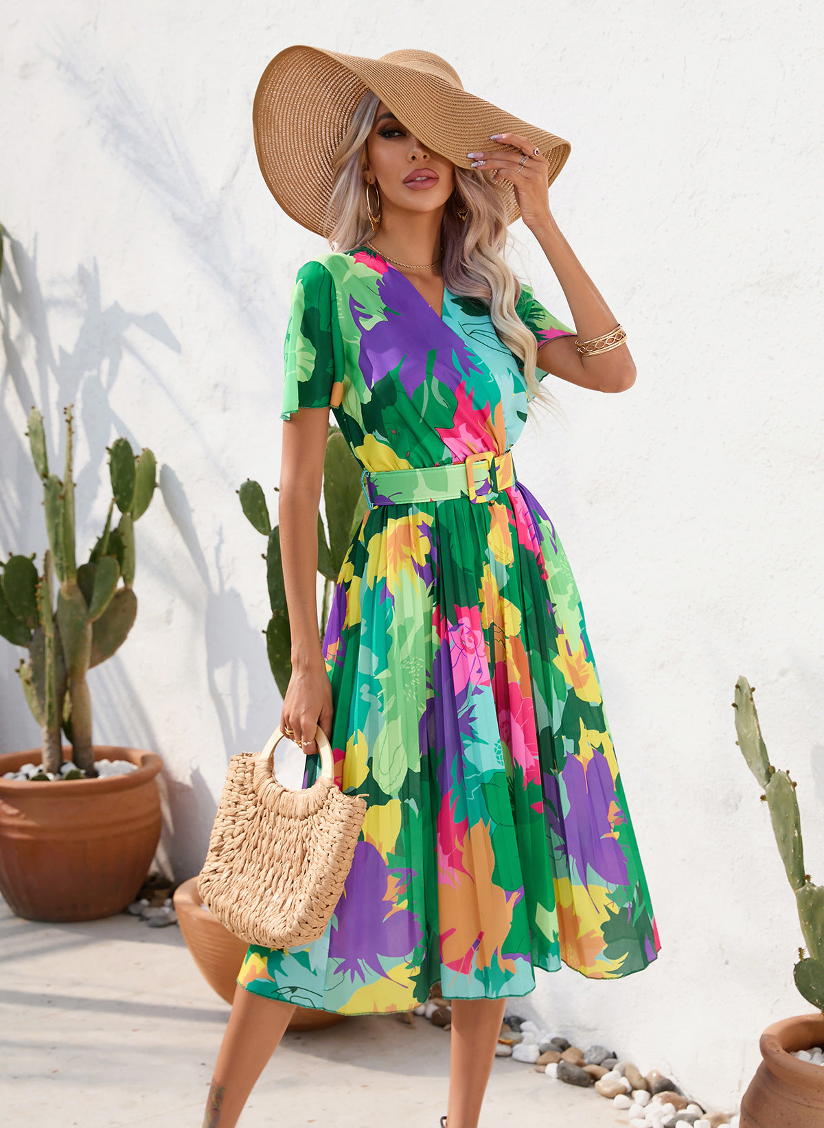 Damen Kleidung Sommer Blumendruck Zerknittertes Kurzarmkleid