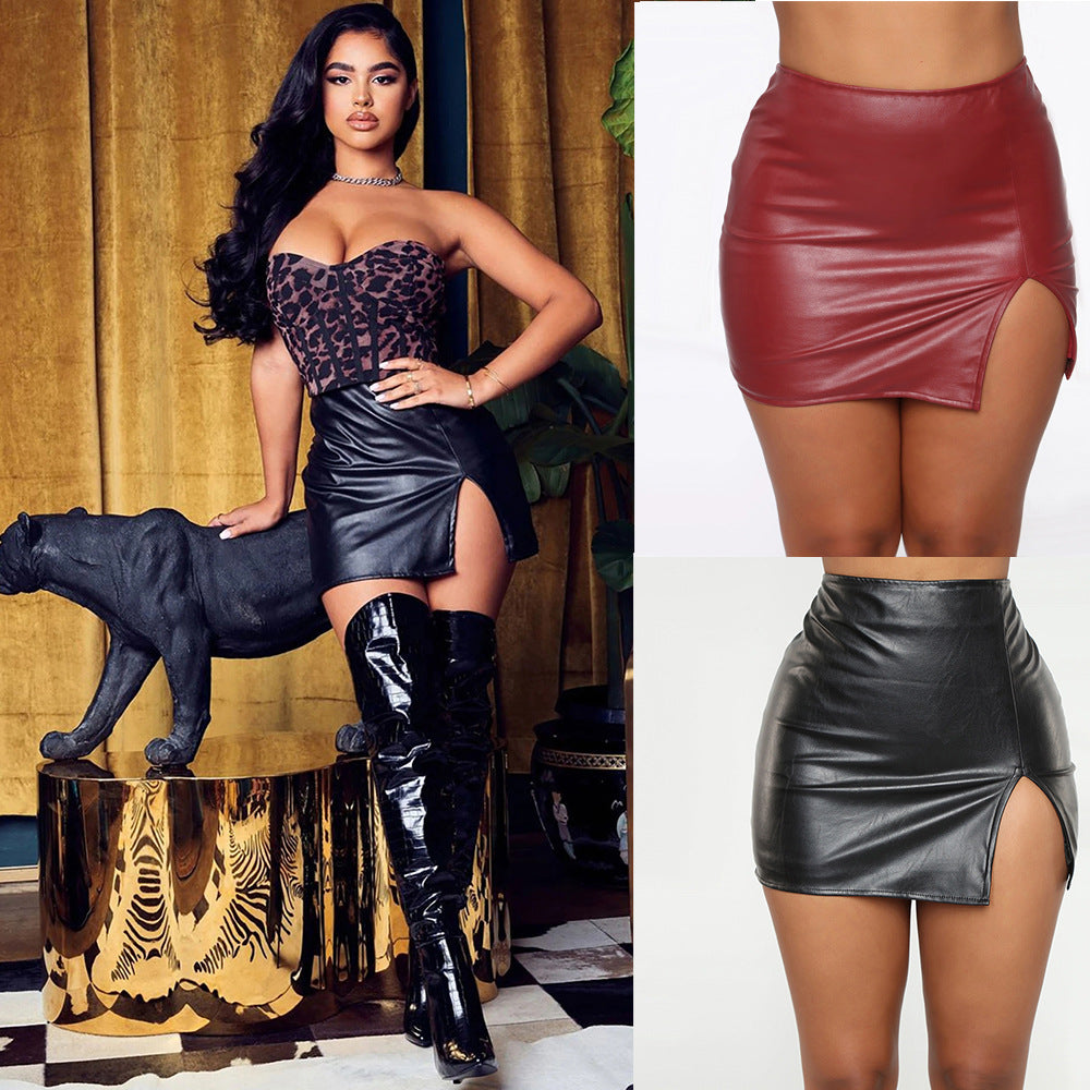 Women Skirt High Waist Hip-Wrapped Skirt Nightclub Faux Leather Zipper Sexy Black Leather Skirt