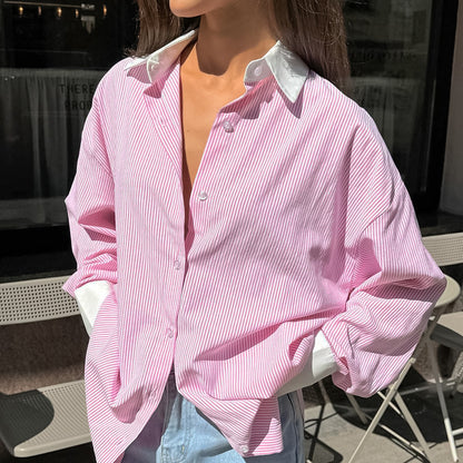 High-Grade Contrast Color Striped All Matching Loose Women Casual Shirt Autumn Winter Street Long Sleeve Top