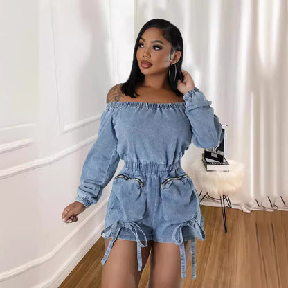 Women Pocket Denim Sexy Wash Short Wrapped Chest Elastic Waist Jumpsuit