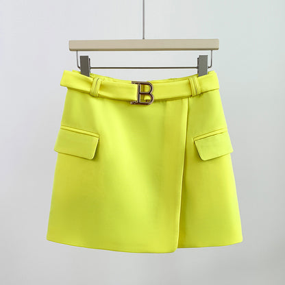 Primavera Verano Cinturón Hebilla De Metal Pantalones Cortos Falda Amarillo Púrpura Falda Roja