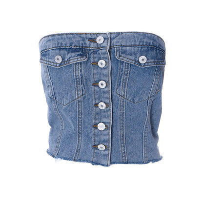 Damenbekleidung Sommer Street Denim Elastisches Korsett Knopf Top