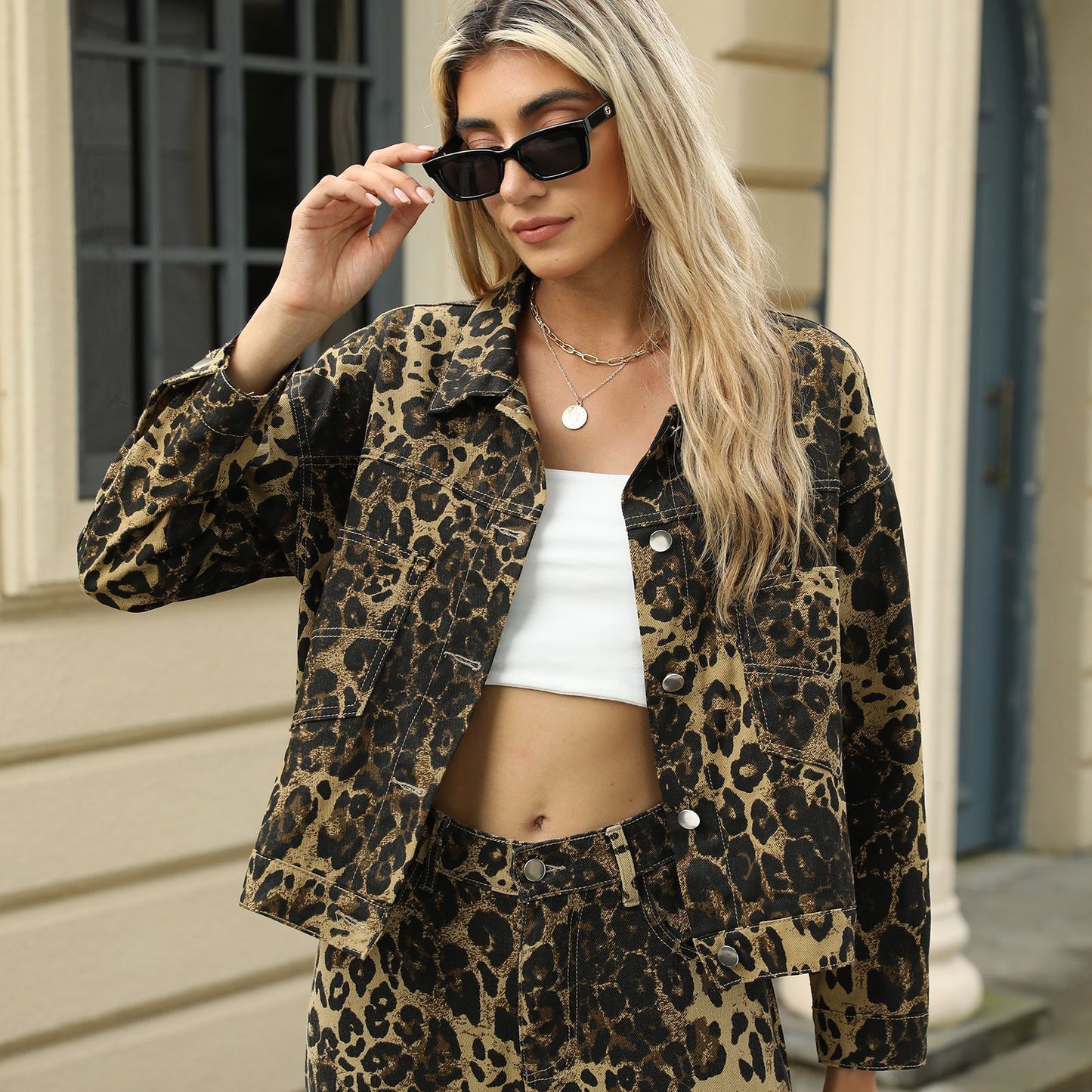 Women Clothing Washed Leopard Print Denim Coat Jacket Top