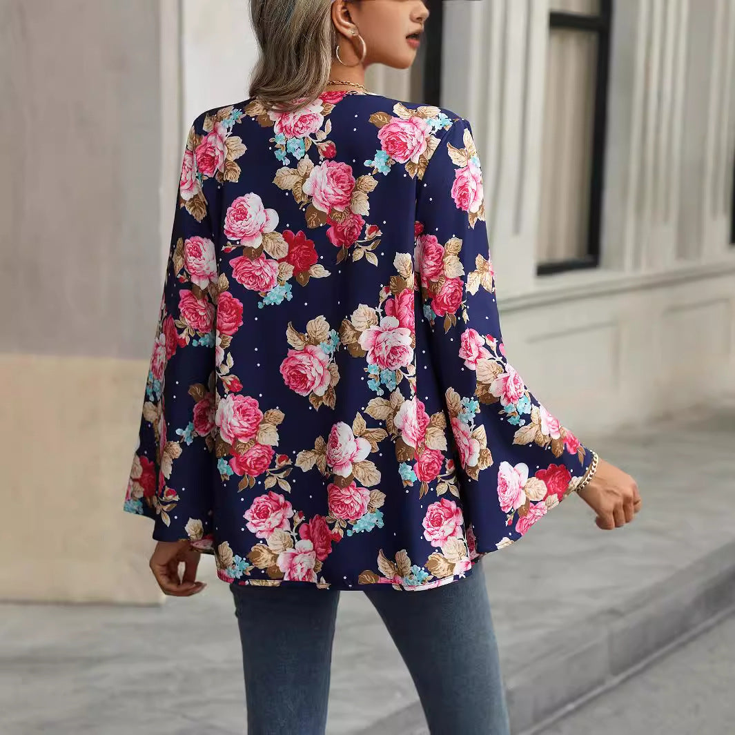 Ropa de mujer Best Seller Primavera Otoño Camisa de mujer con cuello en V y estampado floral y mangas acampanadas