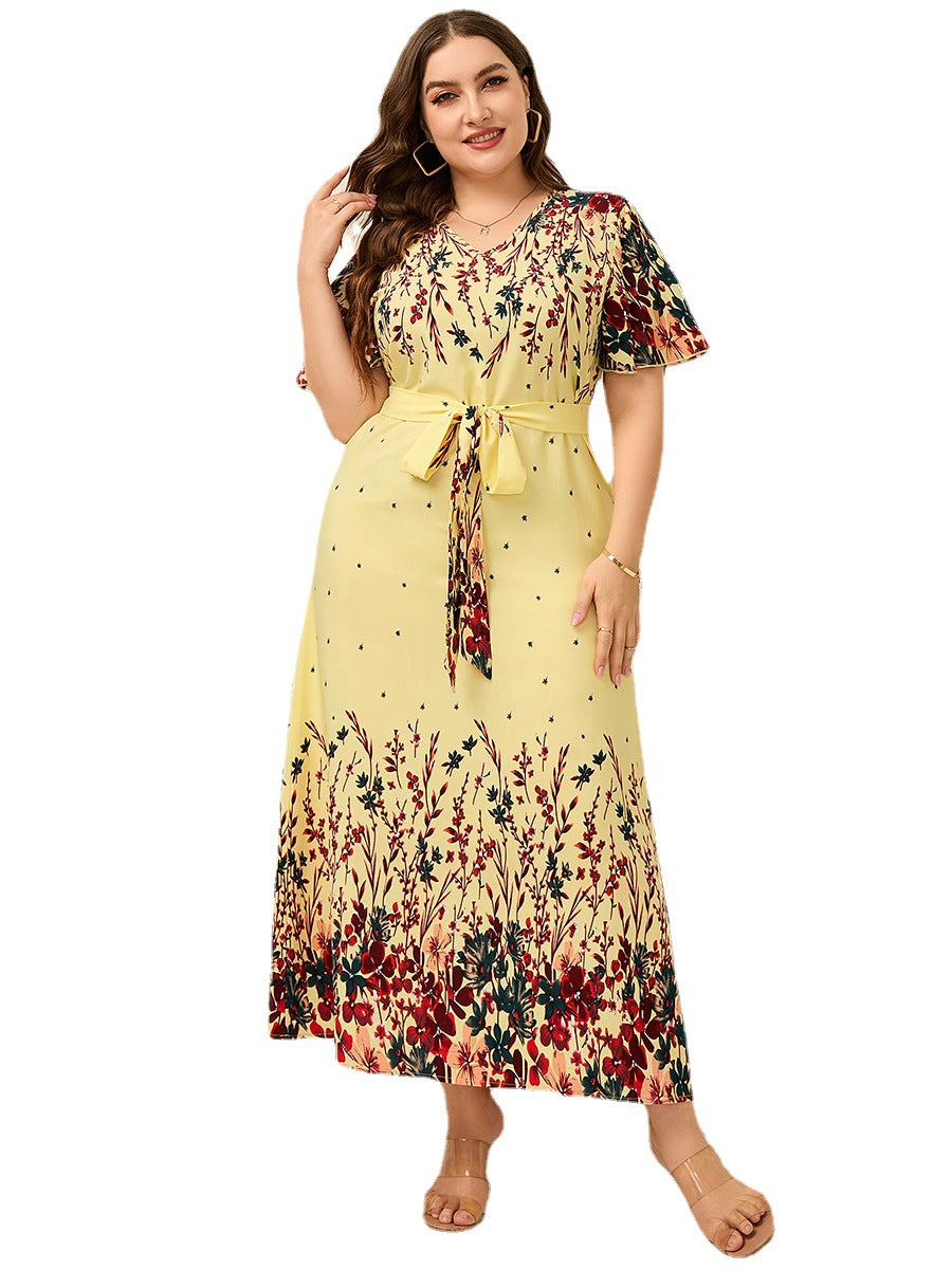 Plus Size Ladies Bilateral Positioning Printed V-neck Lace up Casual Holiday Swing Dress