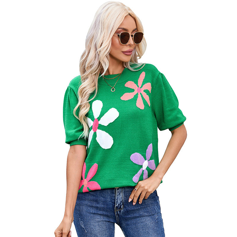 Camiseta sencilla que combina con todo para mujer, Top de cuello redondo de manga corta con estampado Floral de verano para mujer