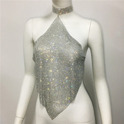 Ropa de mujer con cuello Halter y tirantes finos, ropa Sexy para discoteca, Top asimétrico Irregular con diamantes de imitación de Metal