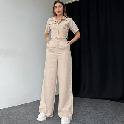 Women Summer Women Short Sleeved Shirt Trousers Two Piece Set