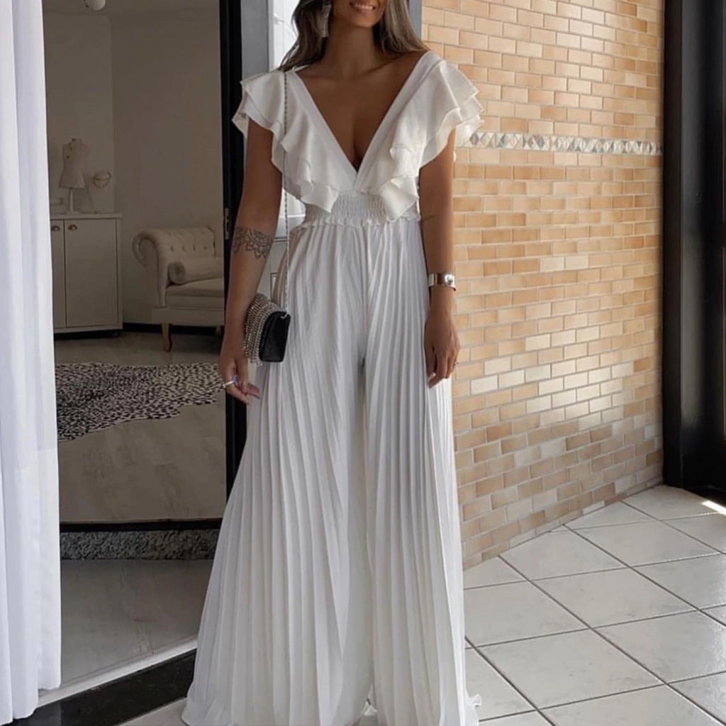 Women Clothing Deep V Plunge Neck High Waist Sexy Ruffled Pleated Wide Leg Jumpsuit