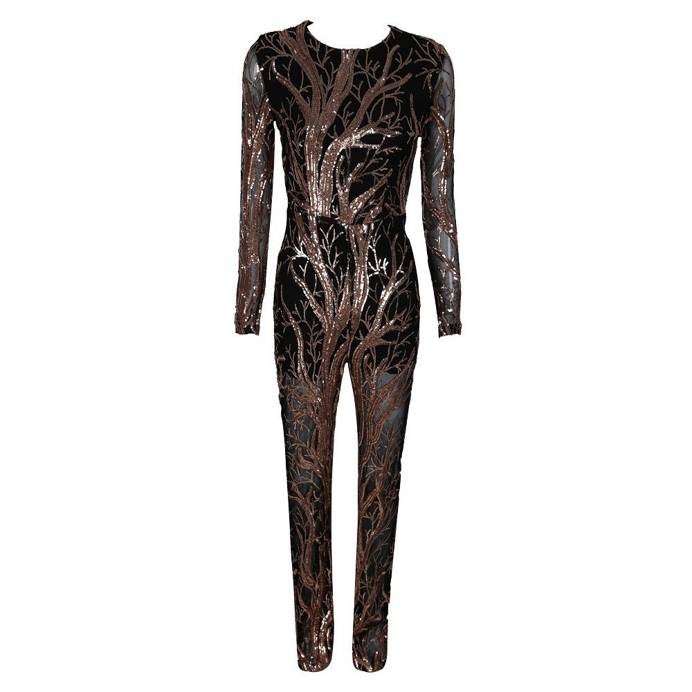 Women Tight Multi Color Jumpsuit Lace See through Sexy round Neck Micro Pull Long Large Area Print