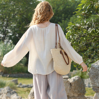 Camisa fina holgada con manga farol para primavera y verano, camisa Pastoral francesa con botones y cuello redondo, cárdigan con protección solar