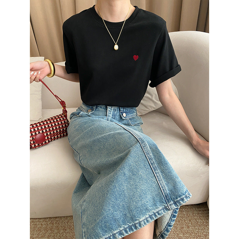 Love Small Embroidered Shoulder Slimming Casual Short Sleeved T Shirt Loose Early Spring