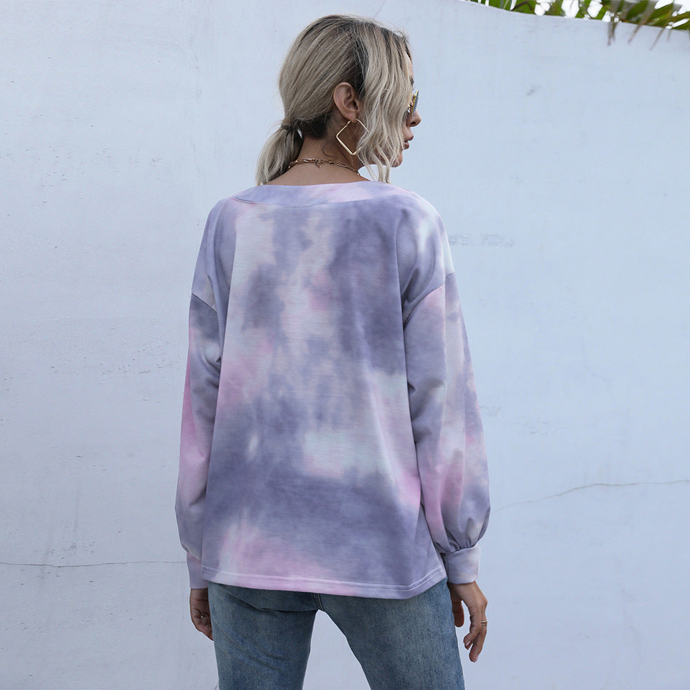 Ropa para mujer, camiseta holgada con efecto tie dye y degradado, top sexy informal con cuello en V