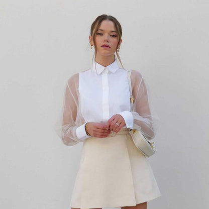 Spring Summer Shirt Women Long Sleeved Collared Organza Stitching Shirt Top Transparent Sexy Women Clothing Organza